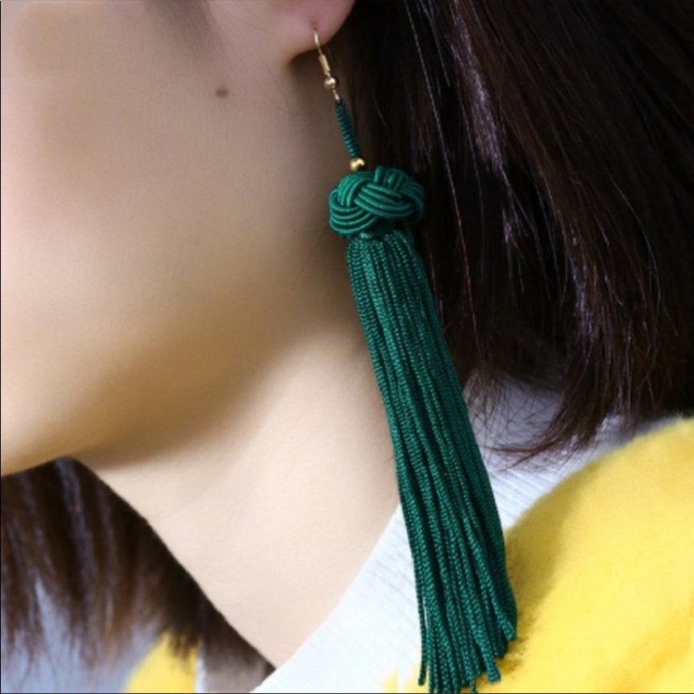 Long Green Knotted Tassel Earrings
